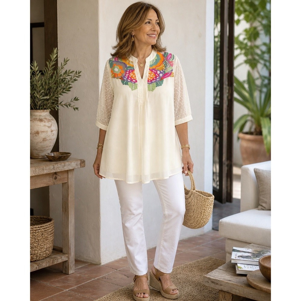 Denim 24/7 Women Tunic Top Ivory Embroidered Floral Swiss Dot Sleeves Size 20W